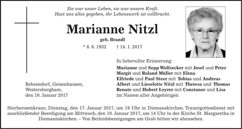 Traueranzeige Marianne Nitzl
