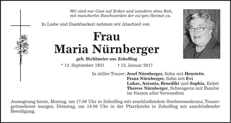 Traueranzeige Maria Nürnberger
