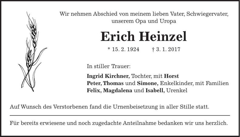 Traueranzeige Erich Heinzel