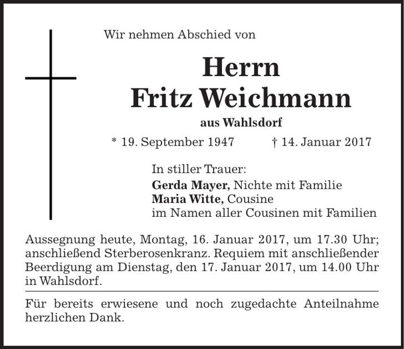Traueranzeige Fritz Weichmann