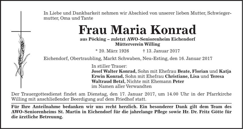 Traueranzeige Maria Konrad