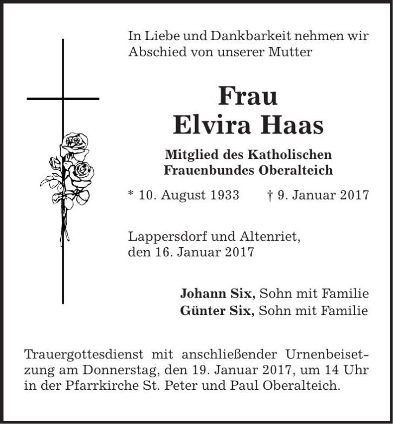 Traueranzeige Elvira Haas