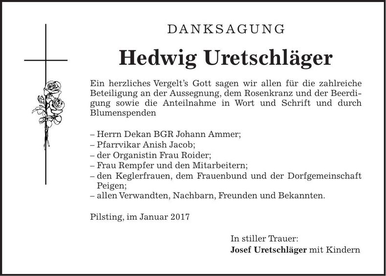 Traueranzeige Hedwig Uretschläger