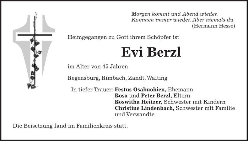 Traueranzeige Evi Berzl
