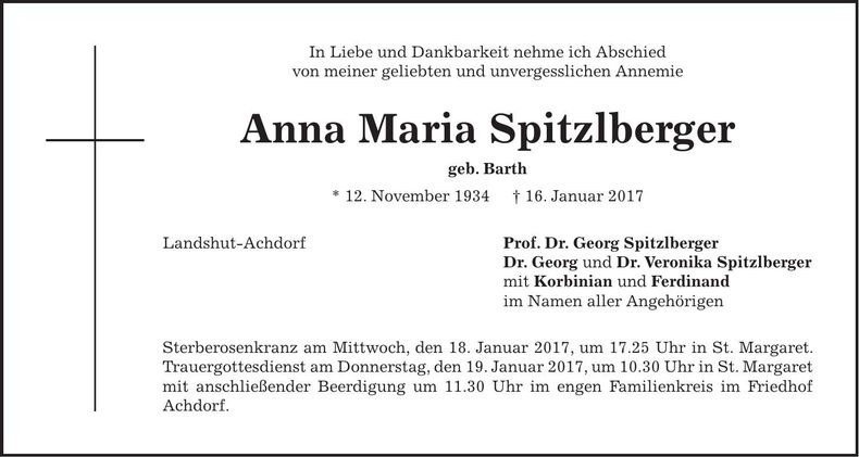 Traueranzeige Anna Maria Spitzlberger