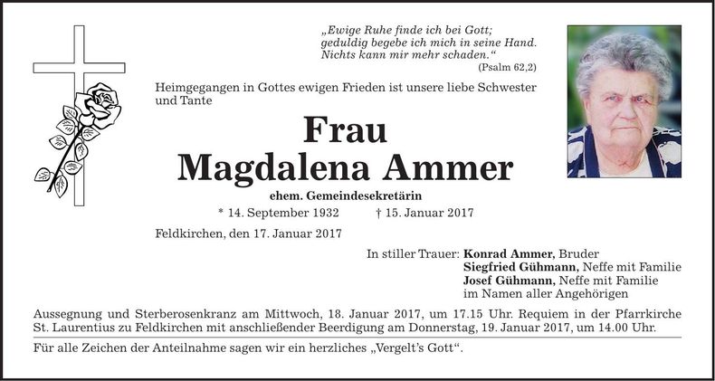 Traueranzeige Magdalena Ammer