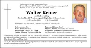 Traueranzeige Walter Reiner