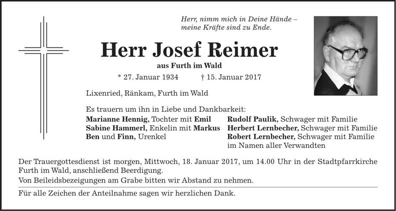 Traueranzeige Josef Reimer