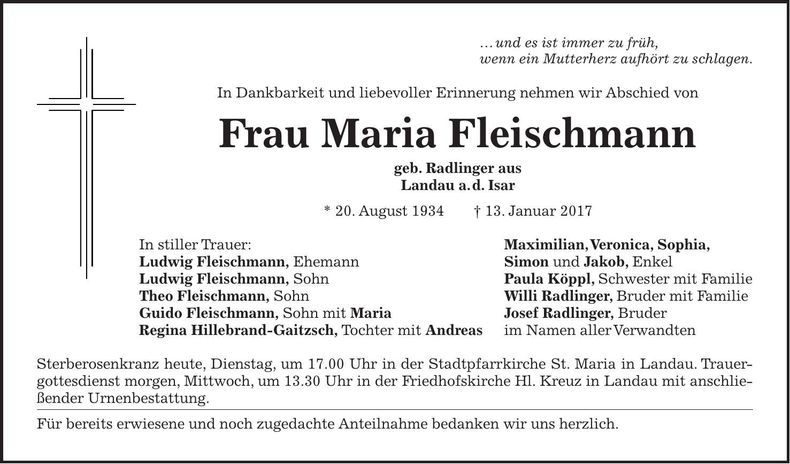 Traueranzeige Maria Fleischmann