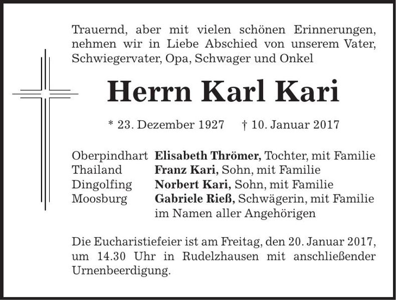 Traueranzeige Karl Kari