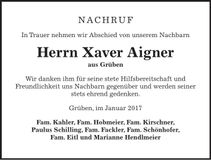 Traueranzeige Xaver Aigner