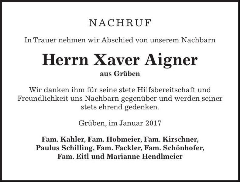 Traueranzeige Xaver Aigner