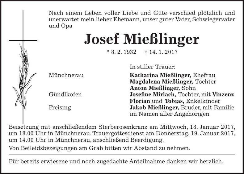 Traueranzeige Josef Mießlinger