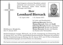 Traueranzeige Leonhard Biersack