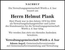 Traueranzeige Helmut Plank