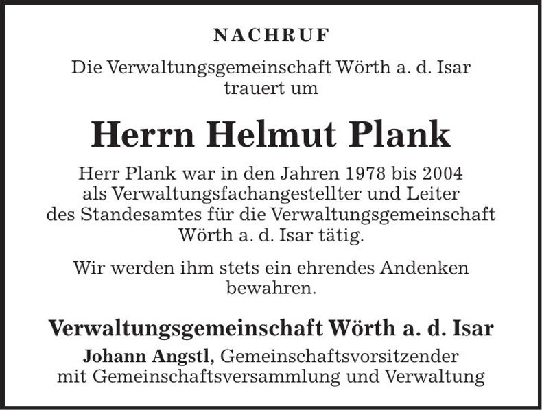 Traueranzeige Helmut Plank