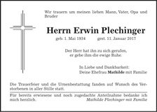Traueranzeige Erwin Plechinger