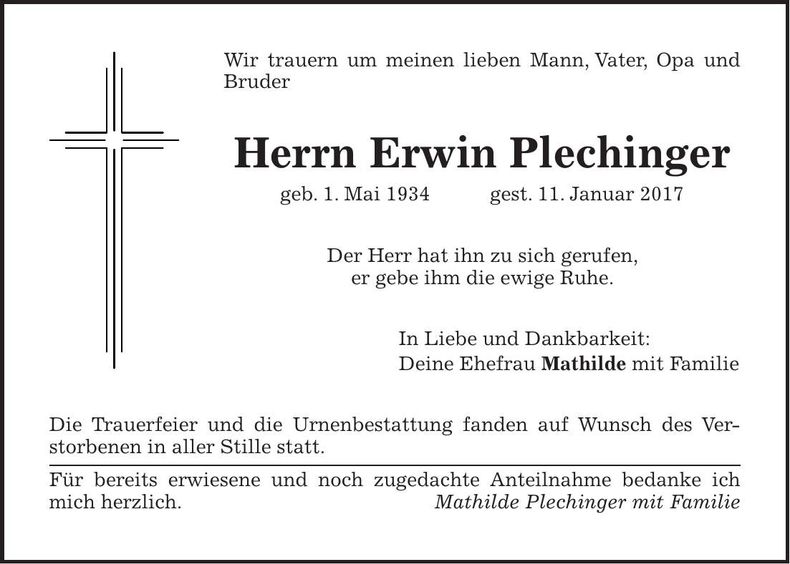 Traueranzeige Erwin Plechinger