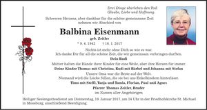 Traueranzeige Balbina Eisenmann
