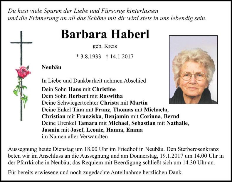 Traueranzeige Barbara Haberl
