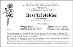 Traueranzeige Resi Triefelder