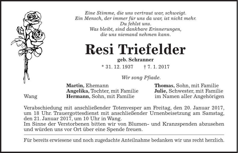 Traueranzeige Resi Triefelder