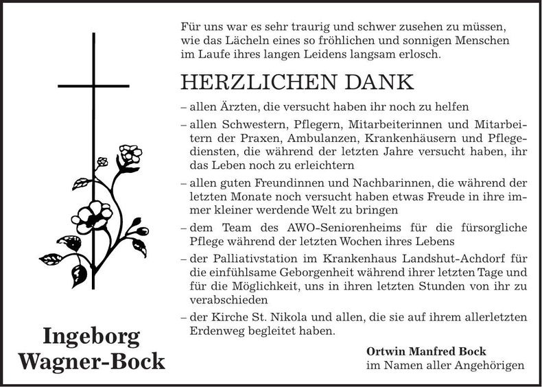 Traueranzeige Ingeborg Wagner-Bock