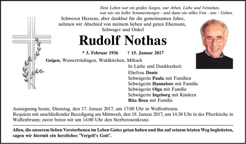 Traueranzeige Rudolf Nothas