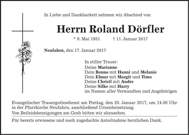 Traueranzeige Roland Dörfler