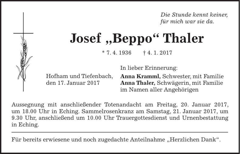 Traueranzeige Josef Thaler