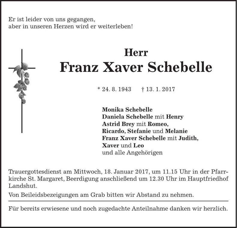 Traueranzeige Franz Xaver Schebelle