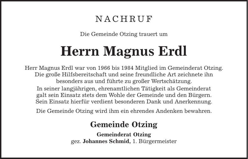 Traueranzeige Magnus Erdl