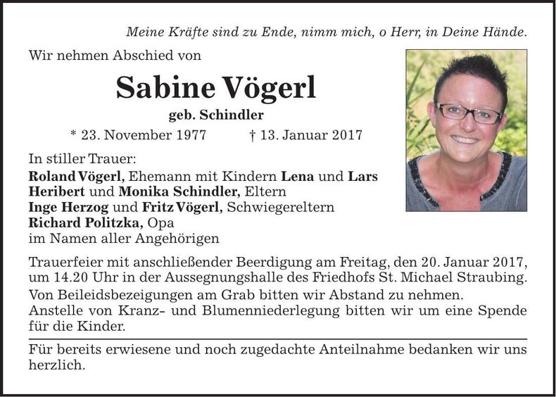 Traueranzeige Sabine Vögerl