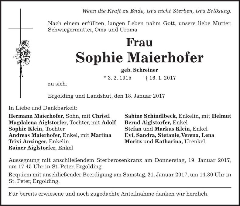 Traueranzeige Sophie Maierhofer