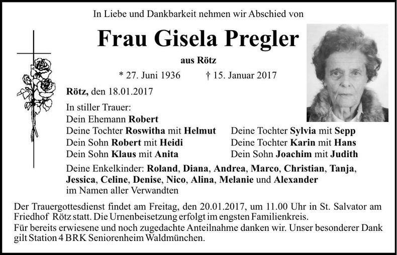 Traueranzeige Gisela Pregler