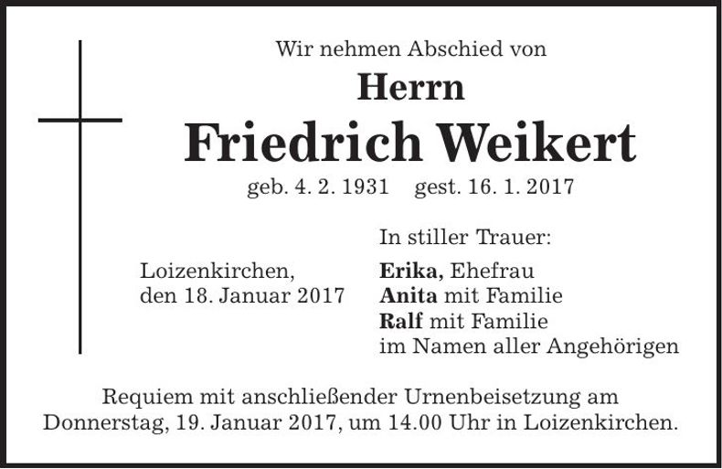 Traueranzeige Friedrich Weikert