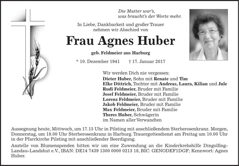 Traueranzeige Agnes Huber