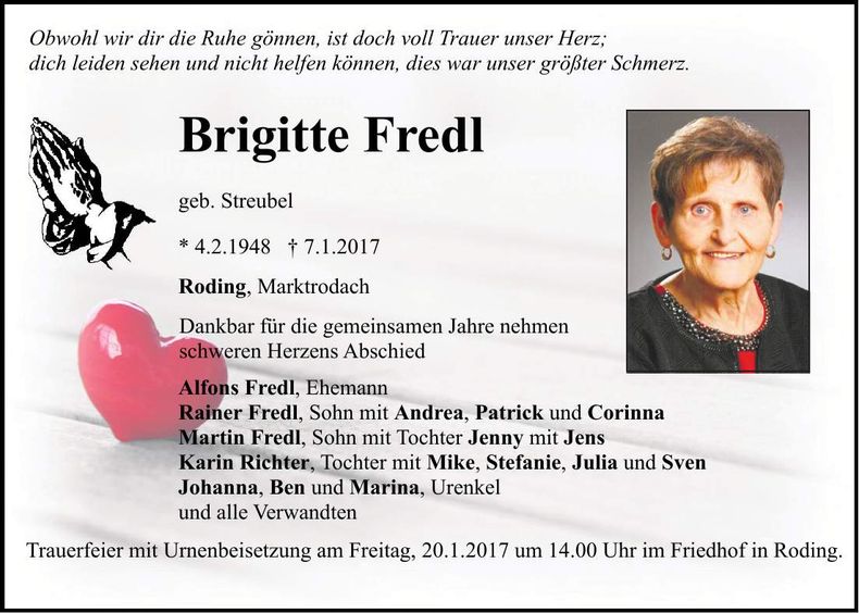 Traueranzeige Brigitte Fredl