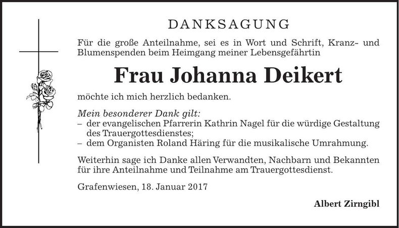 Traueranzeige Johanna Deikert