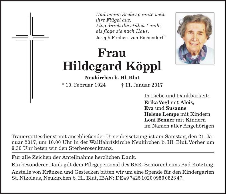 Traueranzeige Hildegart Köppl