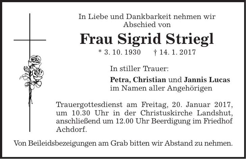 Traueranzeige Sigrid Striegl