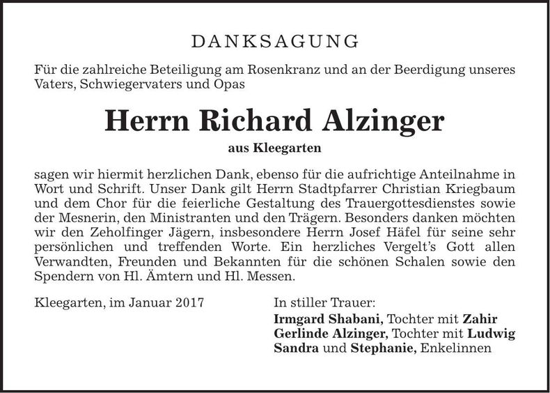 Traueranzeige Richard Alzinger