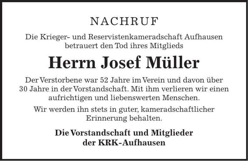 Traueranzeige Josef Müller