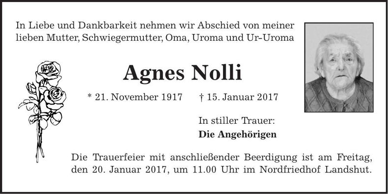 Traueranzeige Agnes Nolli