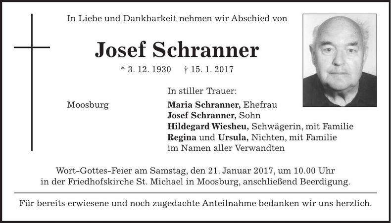 Traueranzeige Josef Schranner