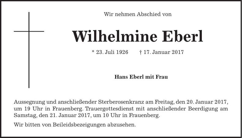 Traueranzeige Wilhelmine Eberl