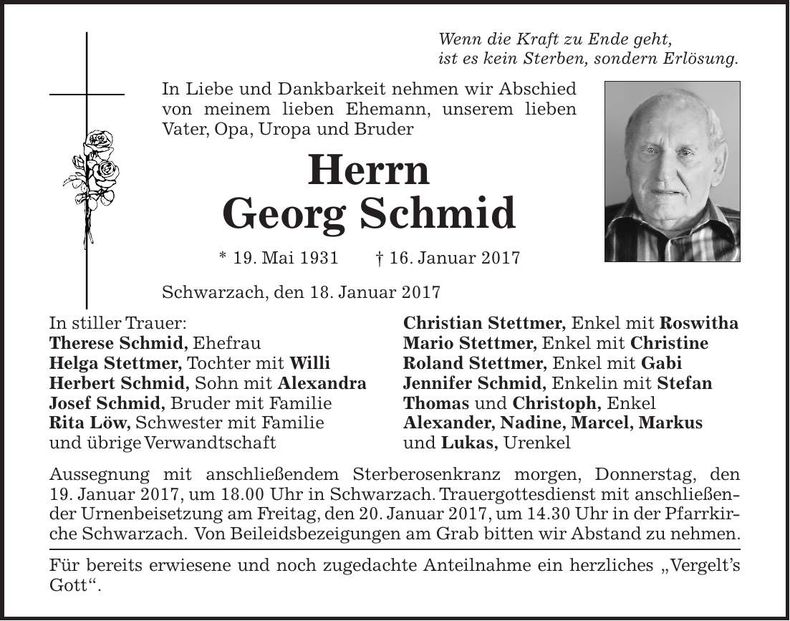 Traueranzeige Georg Schmid