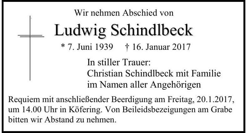 Traueranzeige Ludwig Schindlbeck