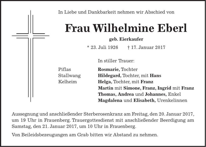 Traueranzeige Wilhelmine Eberl