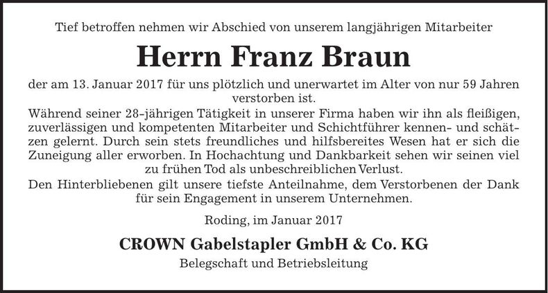 Traueranzeige Franz Braun
